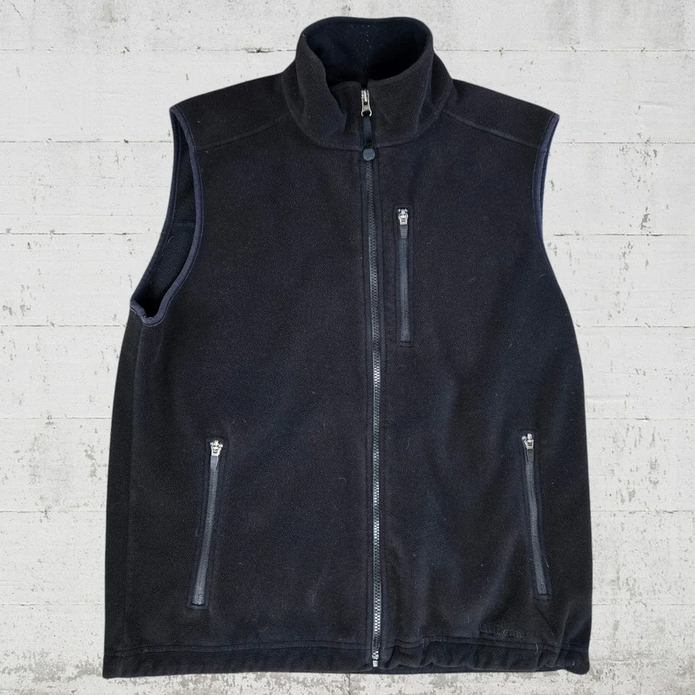 L L Bean Black Fleece Full Zip Gorpcore Mock Neck Sleeveless Vest Size Medium